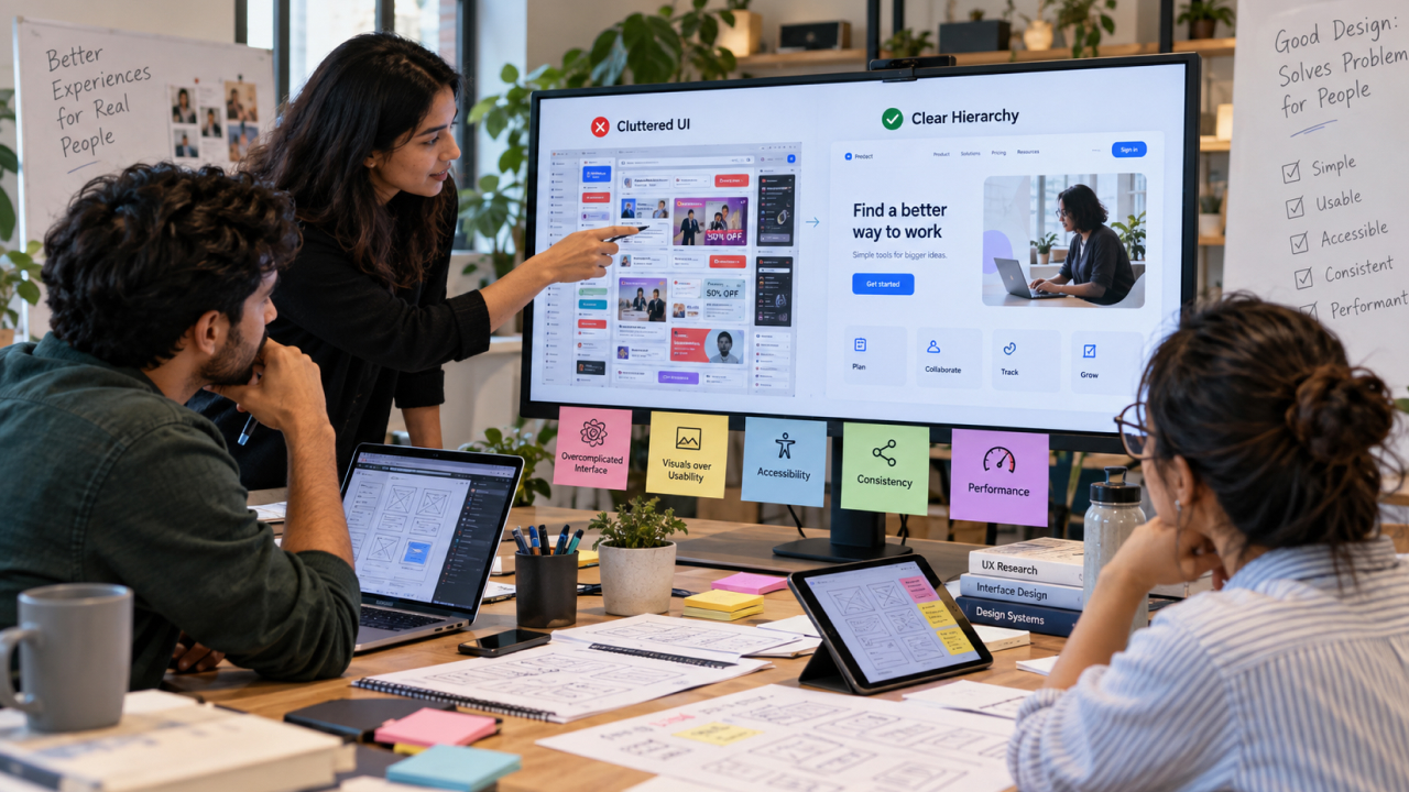 UI UX design team comparing a cluttered interface with a clear user-friendly layout